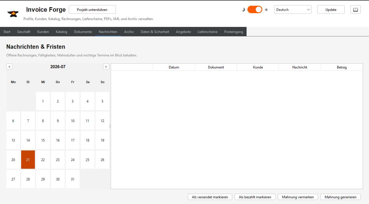 Fristen-, Zahlungs- und Mahnungsübersicht in Invoice Forge